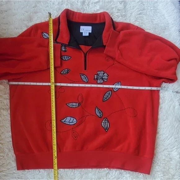 Vintage 1990s Grandma Core Red Checkered 1/4 Zip floral Fleece Pullover - Picture 8 of 10